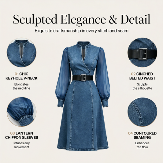 👗Midi-jurk van denim met slanke pasvorm en opstaande kraag – Elegante, alledaagse chic✨