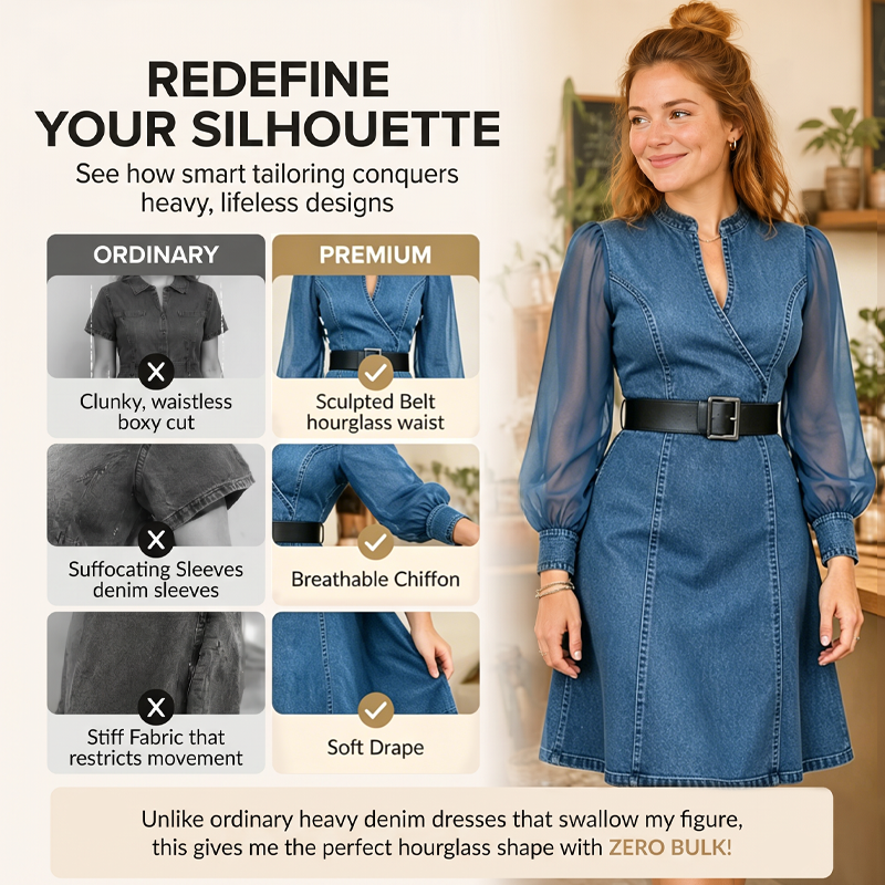 👗Midi-jurk van denim met slanke pasvorm en opstaande kraag – Elegante, alledaagse chic✨