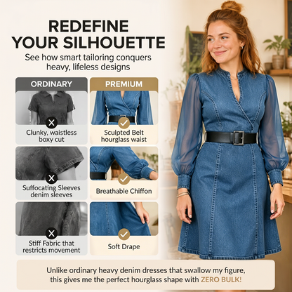 👗Midi-jurk van denim met slanke pasvorm en opstaande kraag – Elegante, alledaagse chic✨