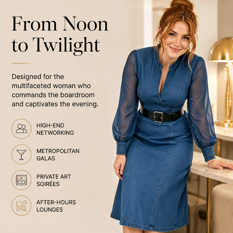 👗Midi-jurk van denim met slanke pasvorm en opstaande kraag – Elegante, alledaagse chic✨