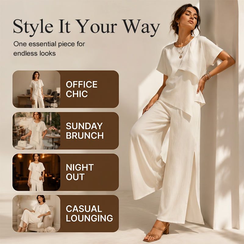👚👖Set van asymmetrische top en broek met wijde pijpen en split voor dames – Elegante, opvallende co-ord ✨