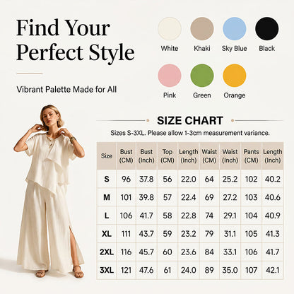 👚👖Set van asymmetrische top en broek met wijde pijpen en split voor dames – Elegante, opvallende co-ord ✨