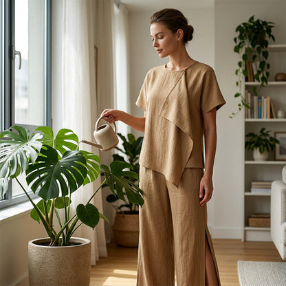 👚👖Set van asymmetrische top en broek met wijde pijpen en split voor dames – Elegante, opvallende co-ord ✨