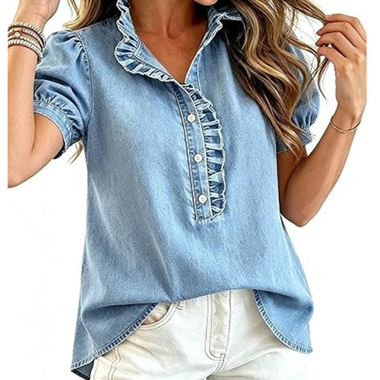 🔥Tijdelijke aanbieding – Denimtop met ruches aan de kraag voor dames
