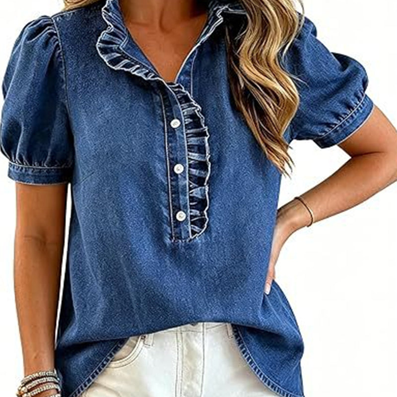 🔥Tijdelijke aanbieding – Denimtop met ruches aan de kraag voor dames