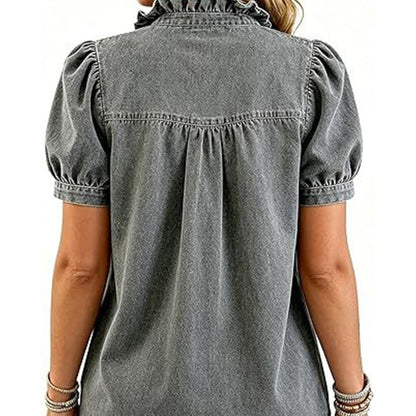 🔥Tijdelijke aanbieding – Denimtop met ruches aan de kraag voor dames