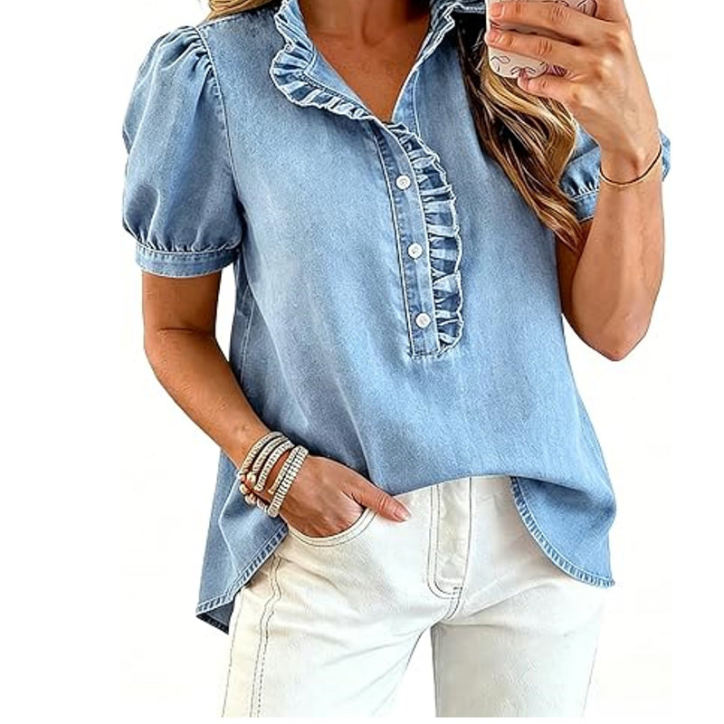 🔥Tijdelijke aanbieding – Denimtop met ruches aan de kraag voor dames
