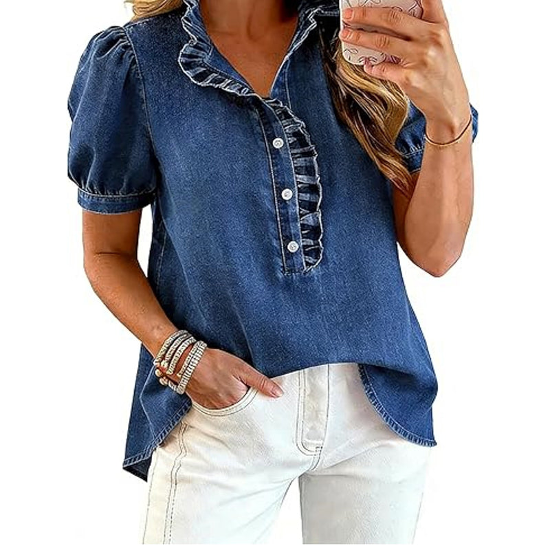 🔥Tijdelijke aanbieding – Denimtop met ruches aan de kraag voor dames