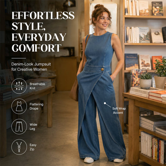 ⌛Tijdelijke aanbieding – Mouwloze, asymmetrische denim-jumpsuit met overslag voor dames