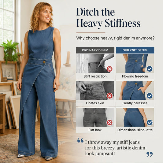 ⌛Tijdelijke aanbieding – Mouwloze, asymmetrische denim-jumpsuit met overslag voor dames