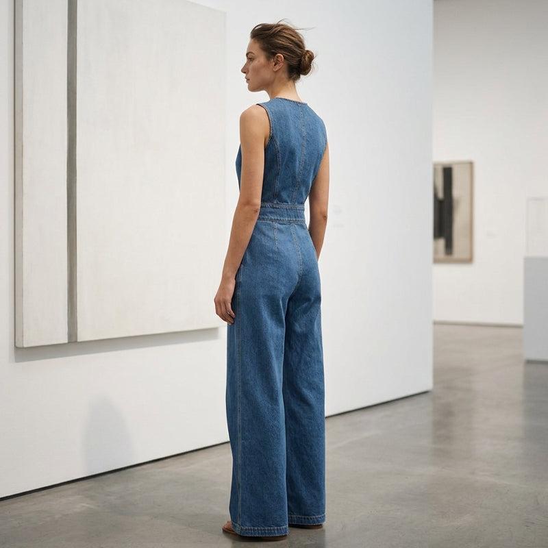 ⌛Tijdelijke aanbieding – Mouwloze, asymmetrische denim-jumpsuit met overslag voor dames