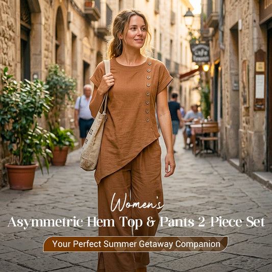 Damesset bestaande uit een top en een broek met asymmetrische zoom, 2-delig