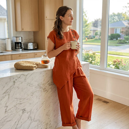 Damesset bestaande uit een top en een broek met asymmetrische zoom, 2-delig