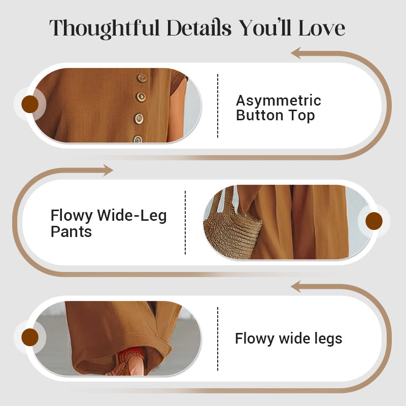 Damesset bestaande uit een top en een broek met asymmetrische zoom, 2-delig