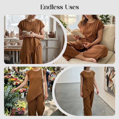 Damesset bestaande uit een top en een broek met asymmetrische zoom, 2-delig