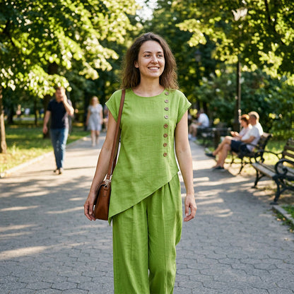 Damesset bestaande uit een top en een broek met asymmetrische zoom, 2-delig