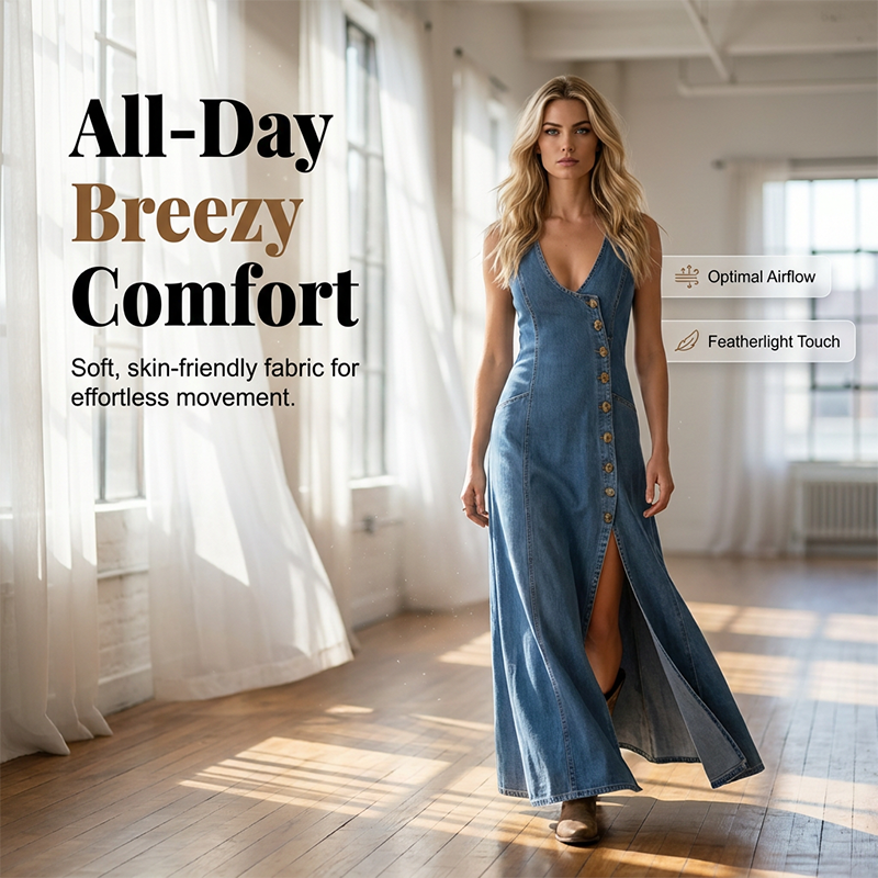 Mouwloze maxi-jurk van denim met V-hals en knoopsluiting aan de voorkant