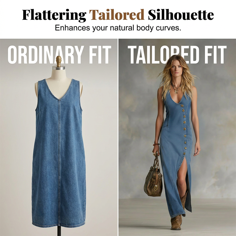 Mouwloze maxi-jurk van denim met V-hals en knoopsluiting aan de voorkant