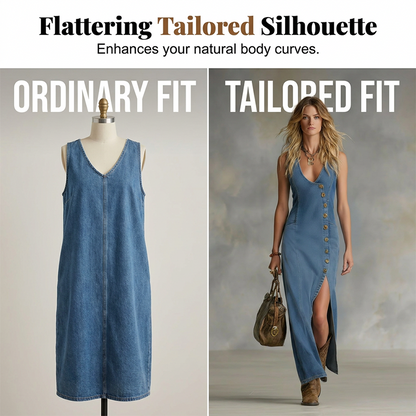 Mouwloze maxi-jurk van denim met V-hals en knoopsluiting aan de voorkant