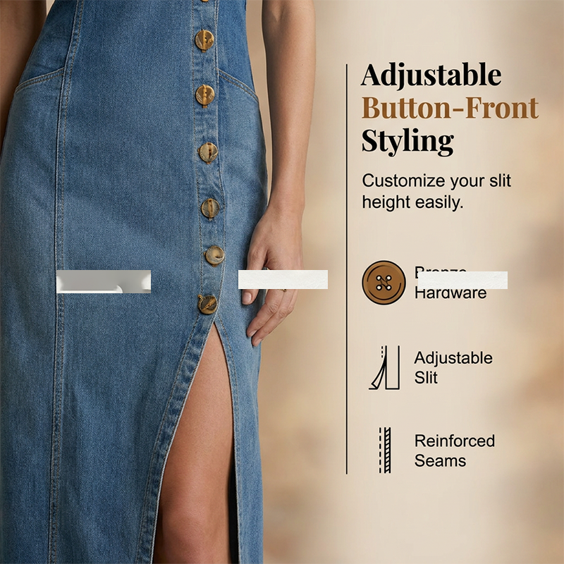 Mouwloze maxi-jurk van denim met V-hals en knoopsluiting aan de voorkant
