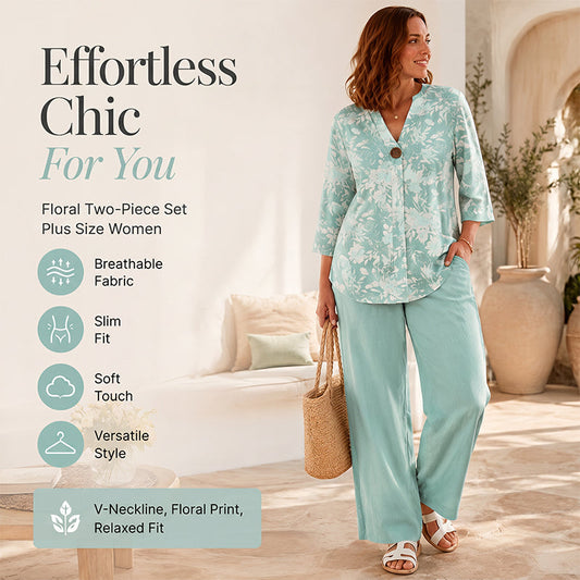 🚀 Gratis verzending✈️Plus Size Vakantie Outfit – Print Top + Wijde Broek, Camoufleert & Stijlvol