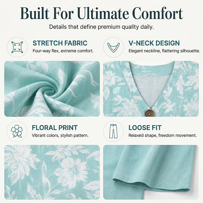 🚀 Gratis verzending✈️Plus Size Vakantie Outfit – Print Top + Wijde Broek, Camoufleert & Stijlvol