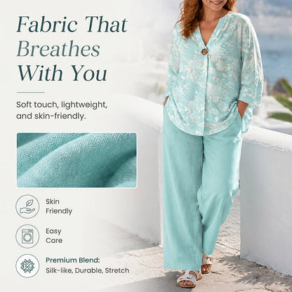 🚀 Gratis verzending✈️Plus Size Vakantie Outfit – Print Top + Wijde Broek, Camoufleert & Stijlvol