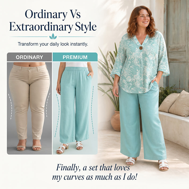 🚀 Gratis verzending✈️Plus Size Vakantie Outfit – Print Top + Wijde Broek, Camoufleert & Stijlvol