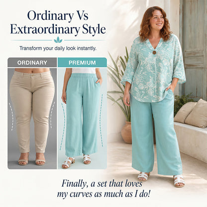 🚀 Gratis verzending✈️Plus Size Vakantie Outfit – Print Top + Wijde Broek, Camoufleert & Stijlvol