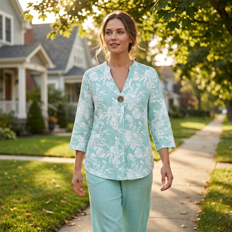 🚀 Gratis verzending✈️Plus Size Vakantie Outfit – Print Top + Wijde Broek, Camoufleert & Stijlvol