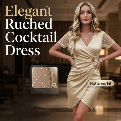 🍷 V-hals Cocktailjurk – Elegante Pasvorm met Mesh Mouwen & Asymmetrische Zoom 🎀