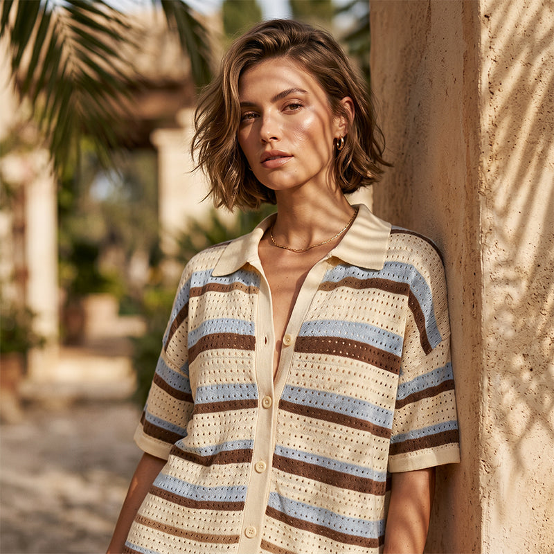⏳Tijdelijk 50% korting⏰Dames lounge set met kleurblokken en strepen van gebreide stof👚🩳