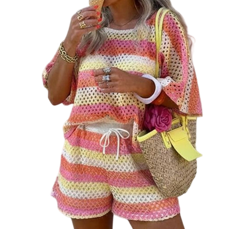 ⏳Tijdelijk 50% korting⏰Dames lounge set met kleurblokken en strepen van gebreide stof👚🩳