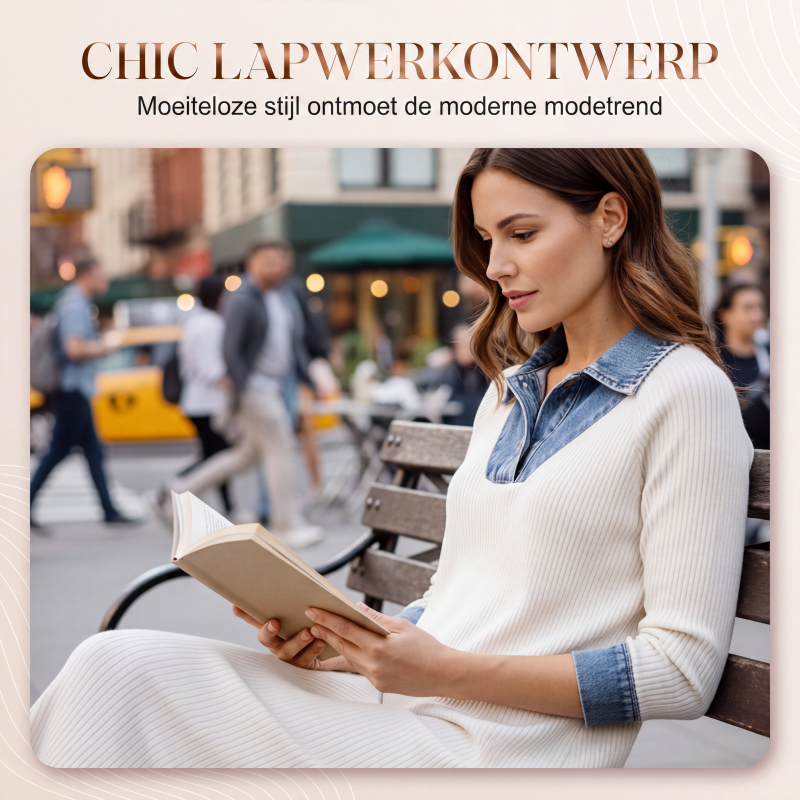 ✨Dames midi-jurk van gebreide stof met denim patchwork