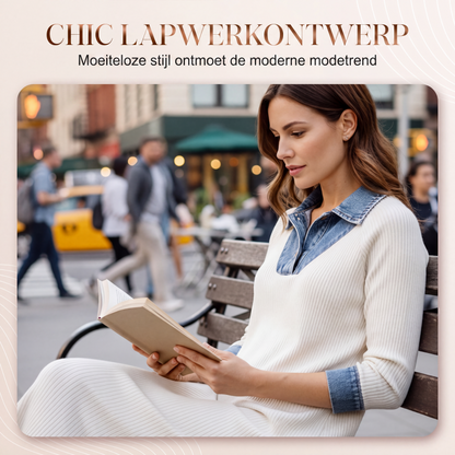 ✨Dames midi-jurk van gebreide stof met denim patchwork