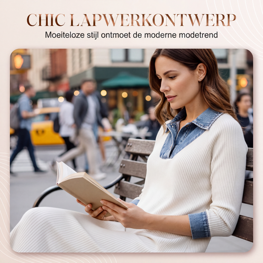 ✨Dames midi-jurk van gebreide stof met denim patchwork