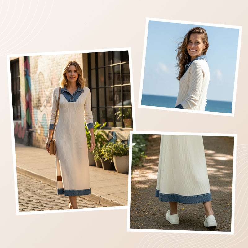 ✨Dames midi-jurk van gebreide stof met denim patchwork