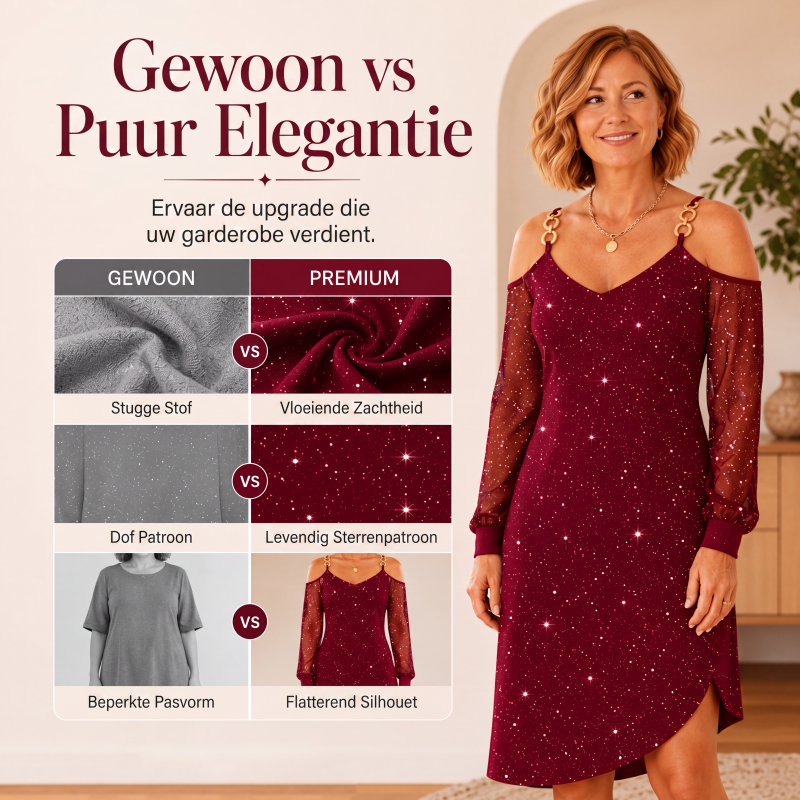 ✨👗Elegante off-shoulder jurk voor dames met mesh mouwen