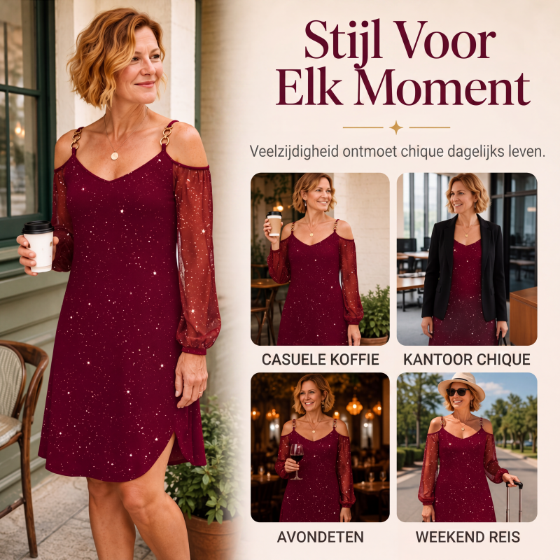 ✨👗Elegante off-shoulder jurk voor dames met mesh mouwen