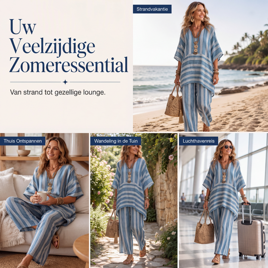 🌸Aanbieding: 50% korting💖Losvallende dames casual set met V-hals en strepen, bestaande uit 2 delen