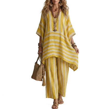 🌸Aanbieding: 50% korting💖Losvallende dames casual set met V-hals en strepen, bestaande uit 2 delen