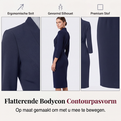 Elegante bodycon jurk met opstaande kraag en V-hals