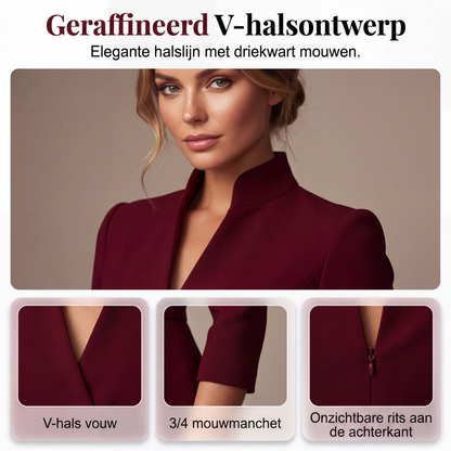 Elegante bodycon jurk met opstaande kraag en V-hals