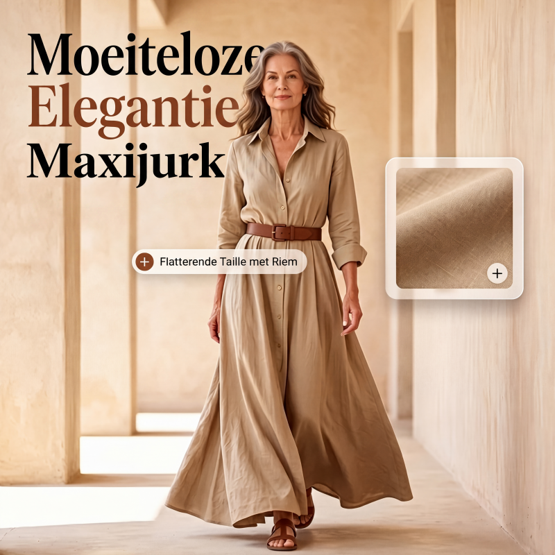 Dames maxi-jurk met lange mouwen en ceintuur, klassieke opstaande kraag, lange jurk voor vakantie en resort