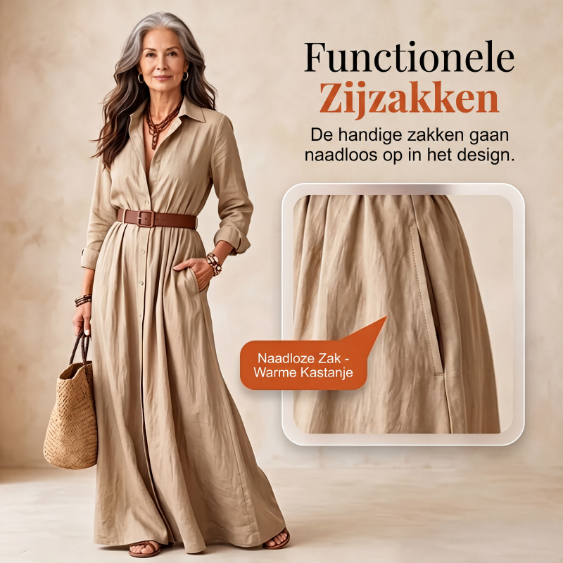 Dames maxi-jurk met lange mouwen en ceintuur, klassieke opstaande kraag, lange jurk voor vakantie en resort