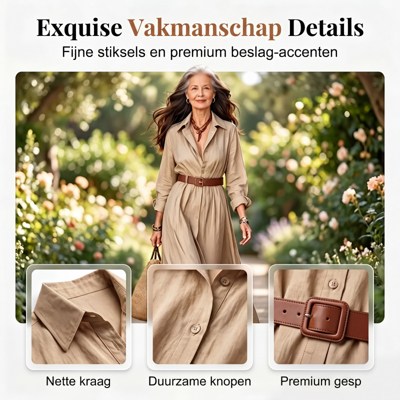 Dames maxi-jurk met lange mouwen en ceintuur, klassieke opstaande kraag, lange jurk voor vakantie en resort