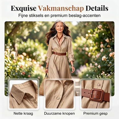Dames maxi-jurk met lange mouwen en ceintuur, klassieke opstaande kraag, lange jurk voor vakantie en resort