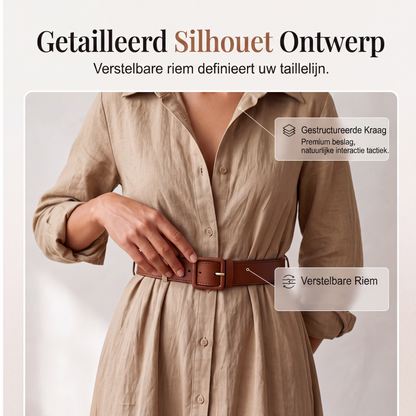 Dames maxi-jurk met lange mouwen en ceintuur, klassieke opstaande kraag, lange jurk voor vakantie en resort