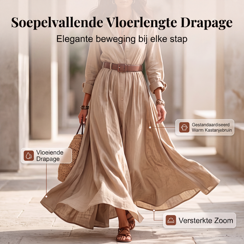 Dames maxi-jurk met lange mouwen en ceintuur, klassieke opstaande kraag, lange jurk voor vakantie en resort