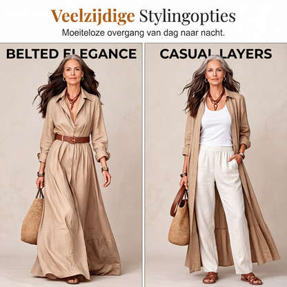 Dames maxi-jurk met lange mouwen en ceintuur, klassieke opstaande kraag, lange jurk voor vakantie en resort
